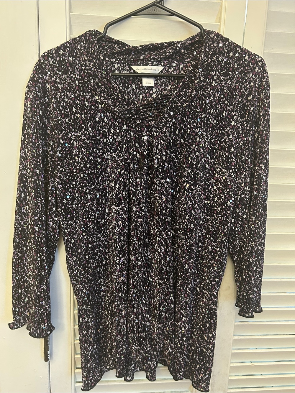 Christopher & Banks Black Floral Pleated Long-Sleeve Tunic Dress